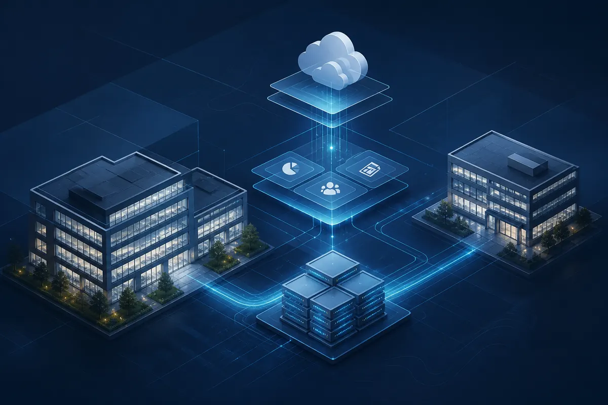 Arquitectura conceptual que conecta sedes, aplicaciones, nube y servidores empresariales